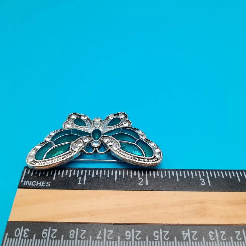 Vintage Enamel Butterfly Brooch, Metallic Teal, Aurora Borealis Rhinestones